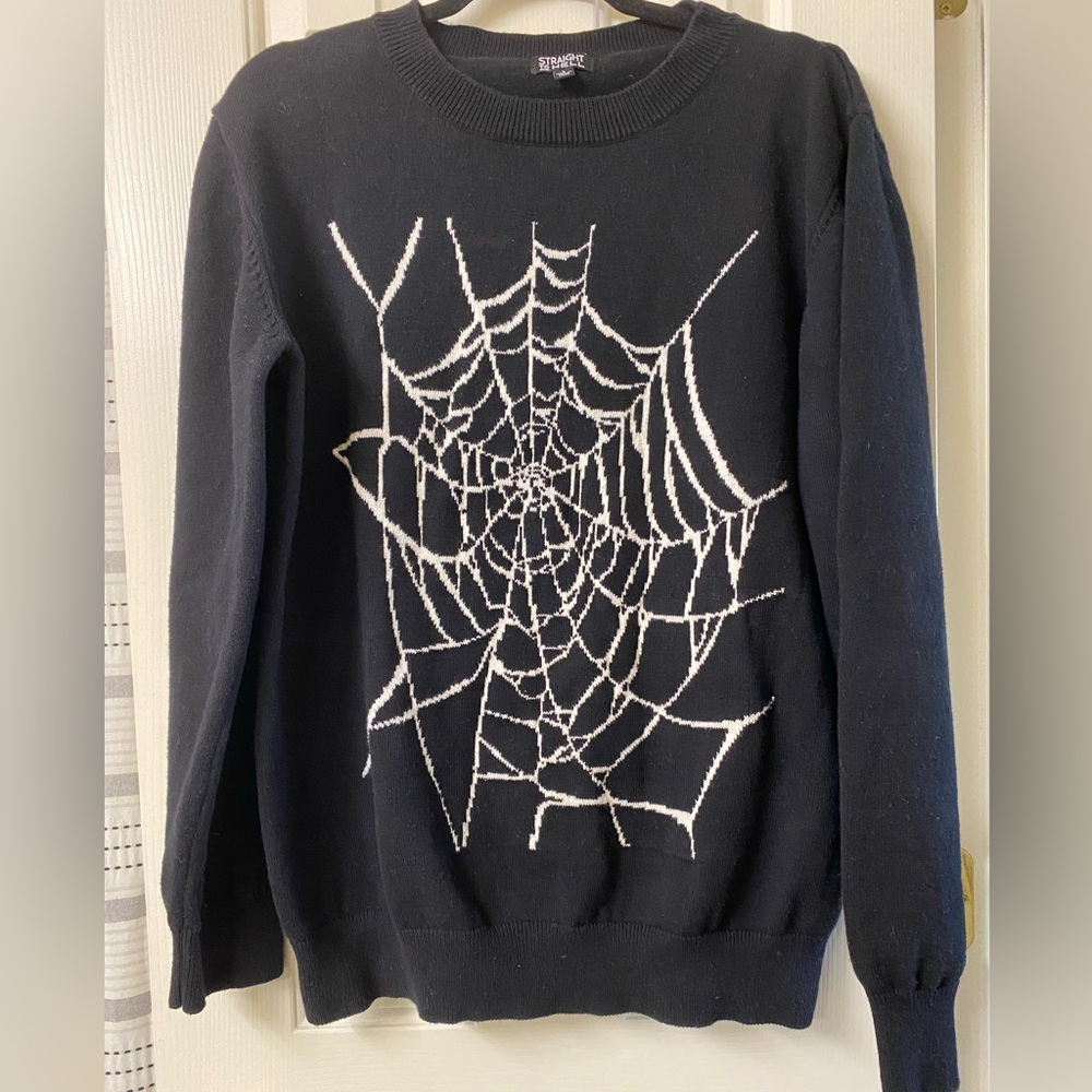 Straight To Hell Black and White Spider Web Crewneck Sweater Size Large